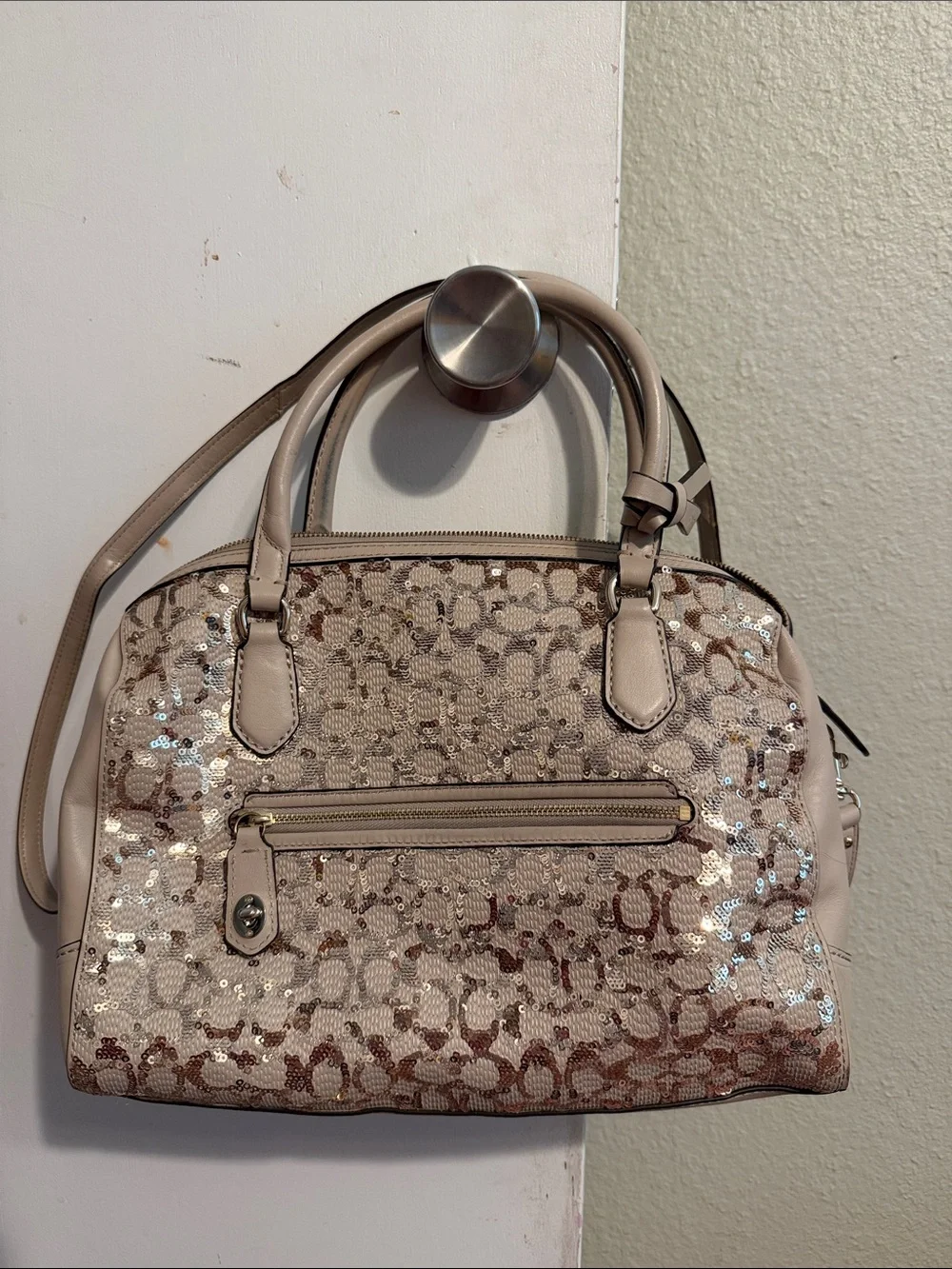 COACH Sequin-Embellished Cream Dome Satchel